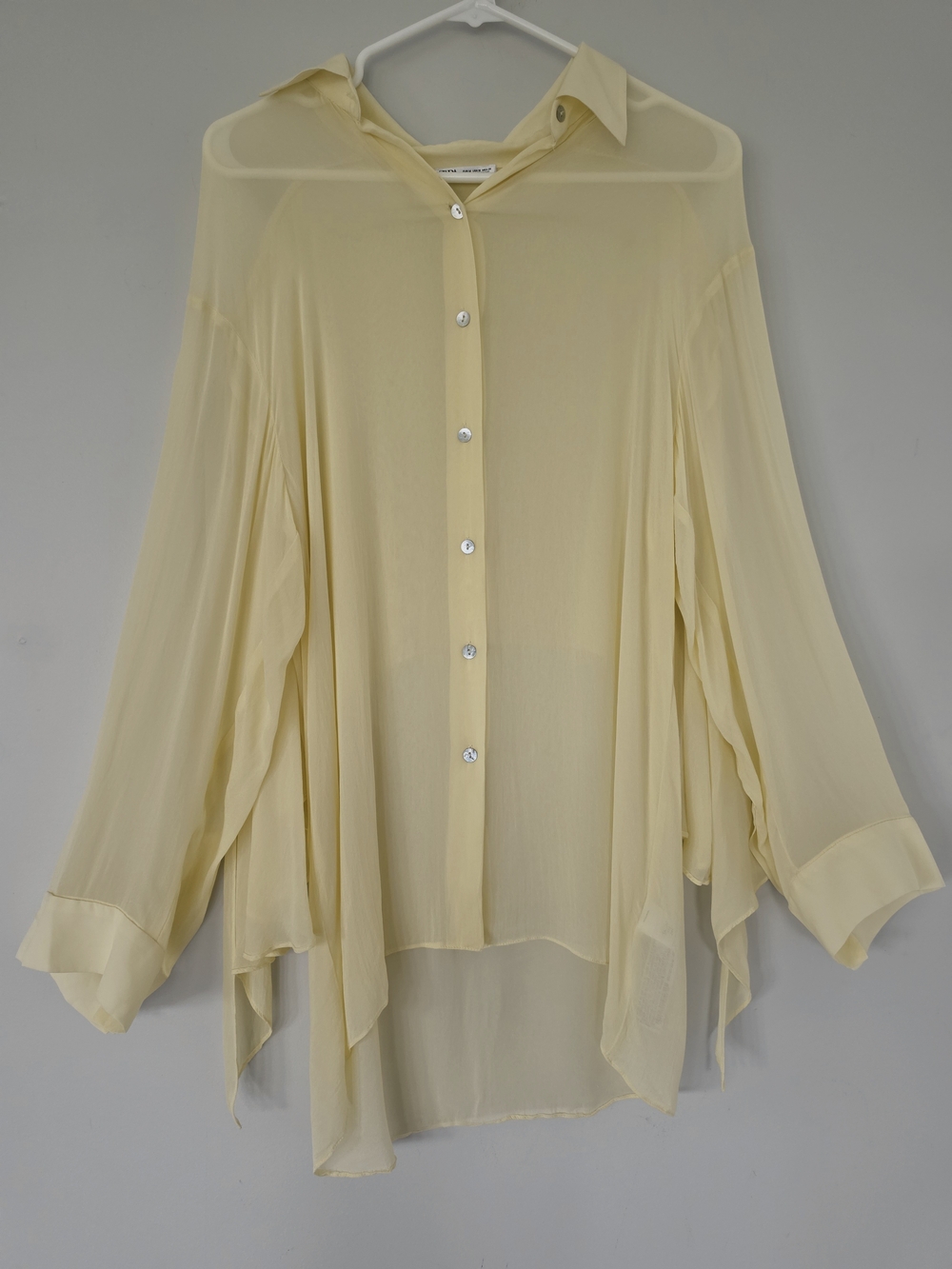 Zara Pale Yellow Semi Sheer Button-Up Blouse Tunic. Womens Medium. Ruffle